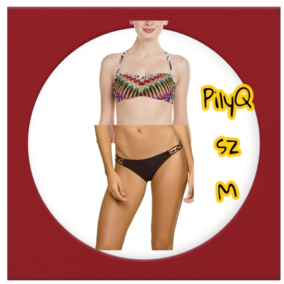Pilyq Embroidered Bandeau Top & Teeny Bkack Bottom Bikini Swimsuit Set - Picture 1 of 14